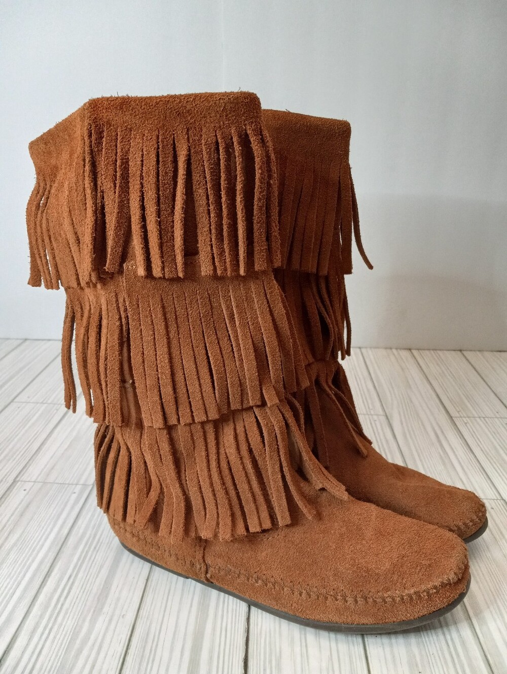 Minnetonka Bohemian Leather Suede 3 Layer Fringe Moccasins